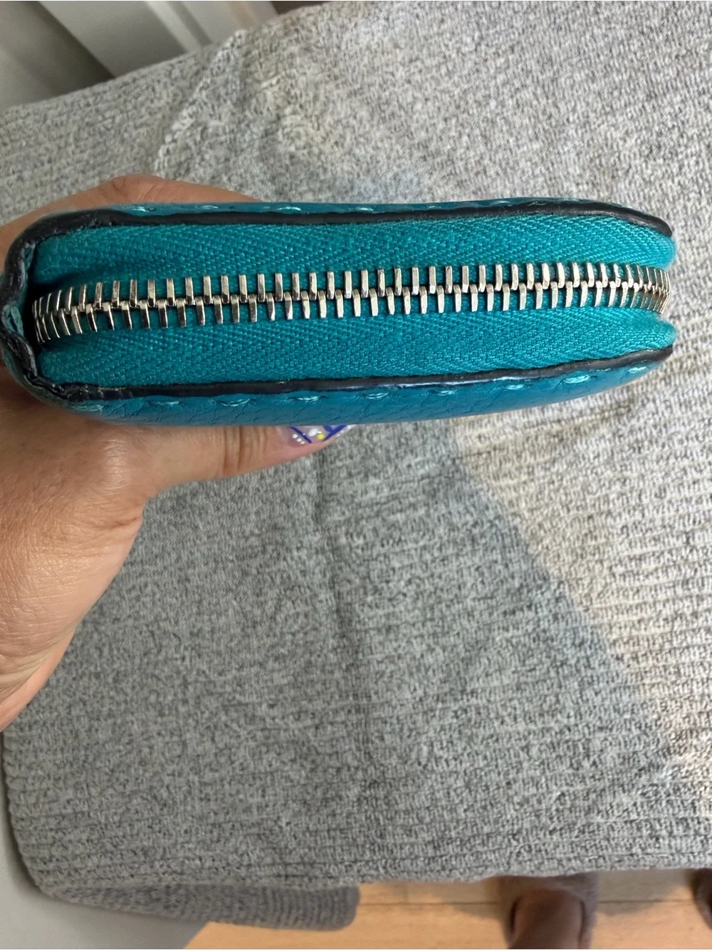 Fendi Selleria Roman Leather Large Zip around wallet. Teal/Peacock Blue